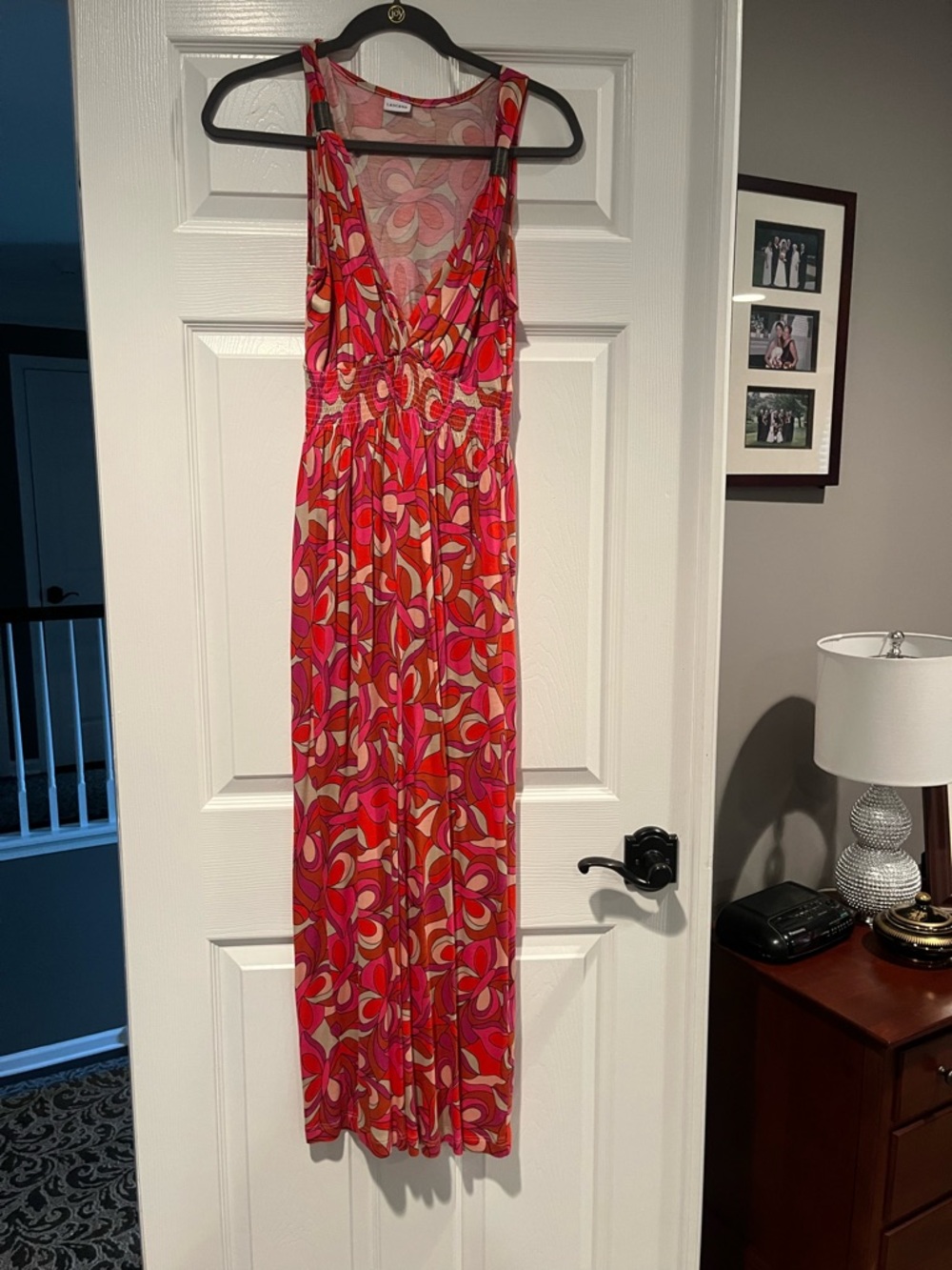 Sleeveless Abstract Pink & Red Maxi Dress with V-Neck